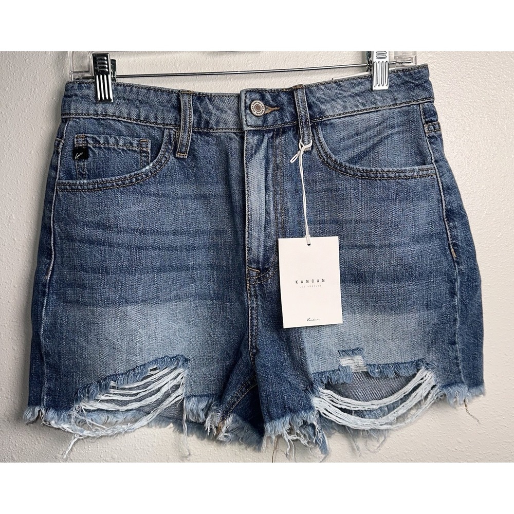New Kancan Isabelle Jean HighRise Mom Shorts 11/29 Medium Wash Distressed Frayed